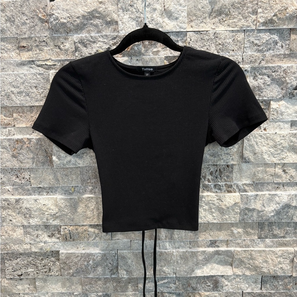 Tattoo Black Ribbed Women's Top, size small, detailing‎ at the back